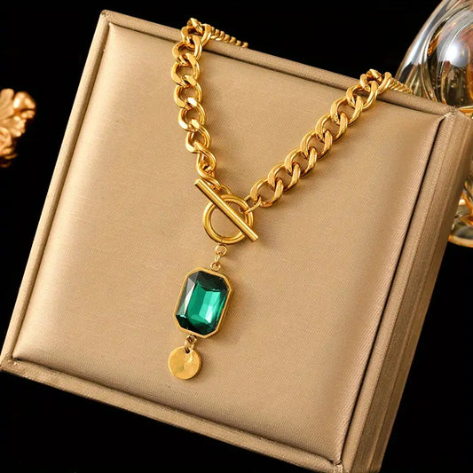 Chunky Chain Emerald Pendant Necklace | Guld
