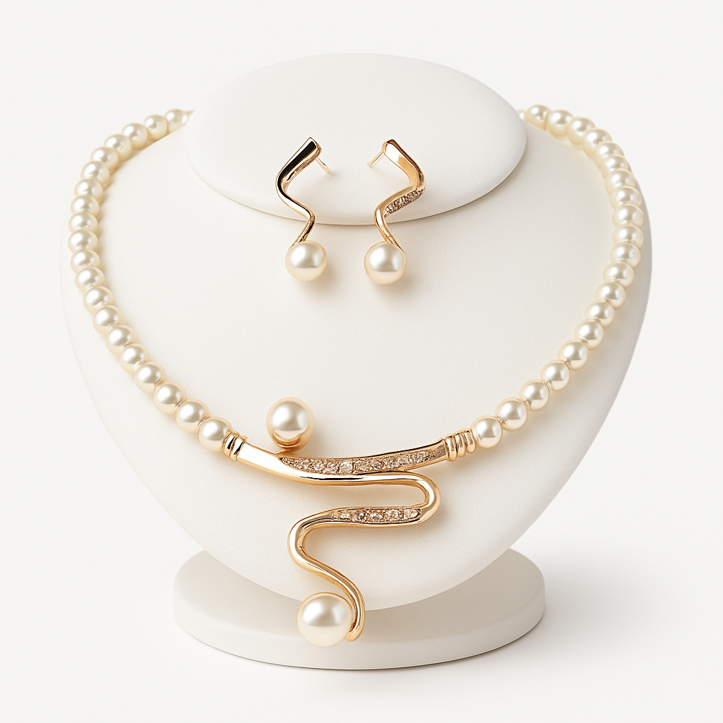 Naturlig Pärlhalsband + Örhänge Set