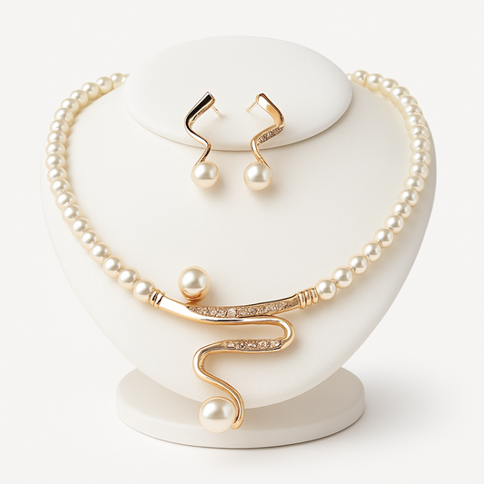 Naturlig Pärlhalsband + Örhänge Set