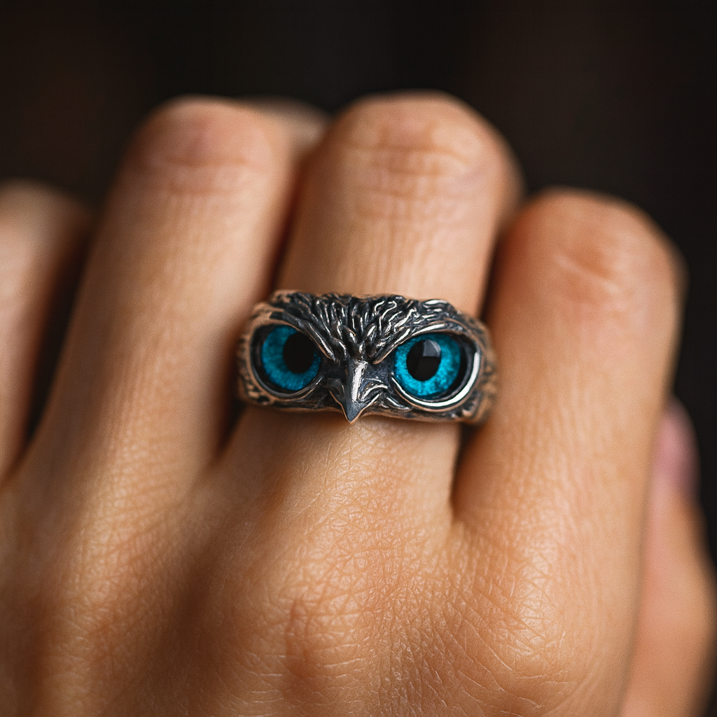 Justerbar ring med lyckobringande uggla i silver och opal